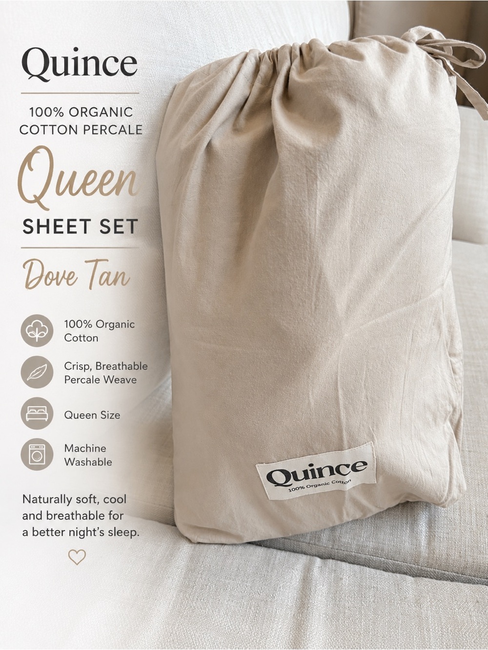 Quince 100% Organic Cotton Percale Queen Sheet Set Dove Tan